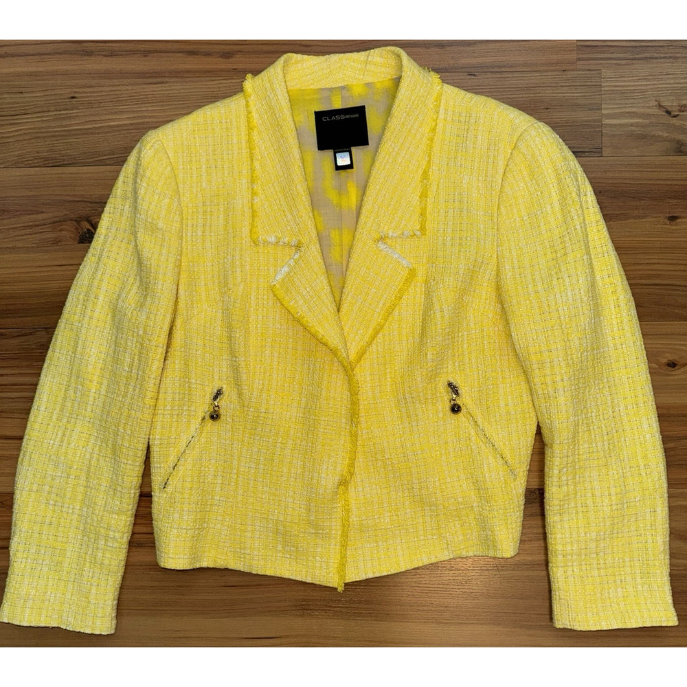 Class Roberto Cavalli Yellow Tweed Cropped Blazer Luxe Italian Resort Old Money